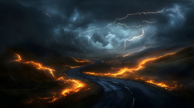 4. A winding road cutting through a landscape that is rapidly being overtaken by a fierce storm, with lightning illuminating the darkening sky and strong gusts of wind blowing debris across the road.