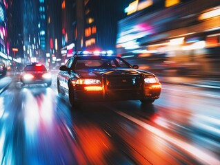 Dynamic police car chase  criminal pursuit on city streets with blurred motion and flashing lights