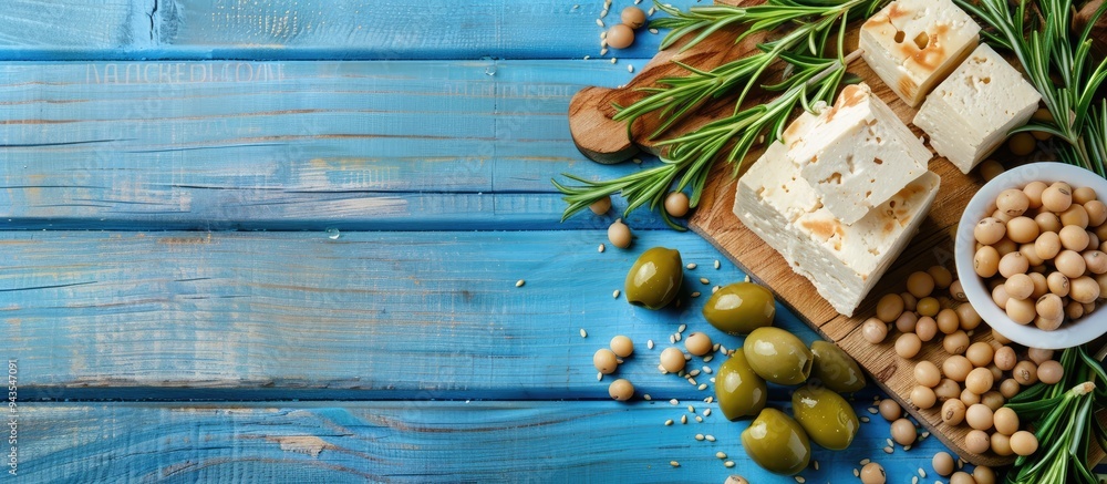 Poster flat lay composition with appetizing tofu soybeans olives and rosemary arranged on a blue wooden sur