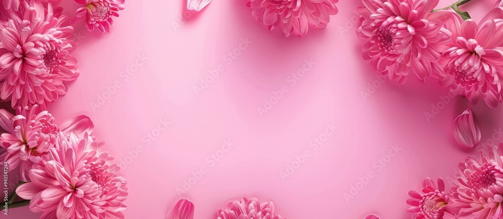 Poster Beautiful chrysanthemum flowers create a frame on a pink background with copy space image
