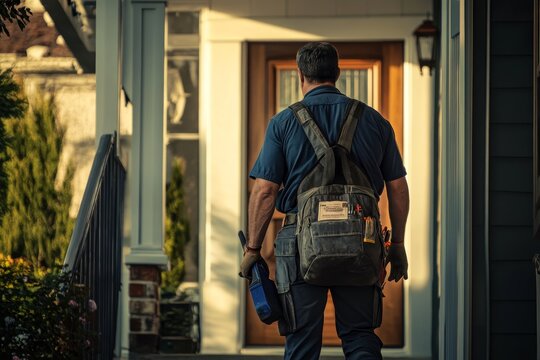 Professional handyman with tool bag approaches front door of a home for repairs and maintenance