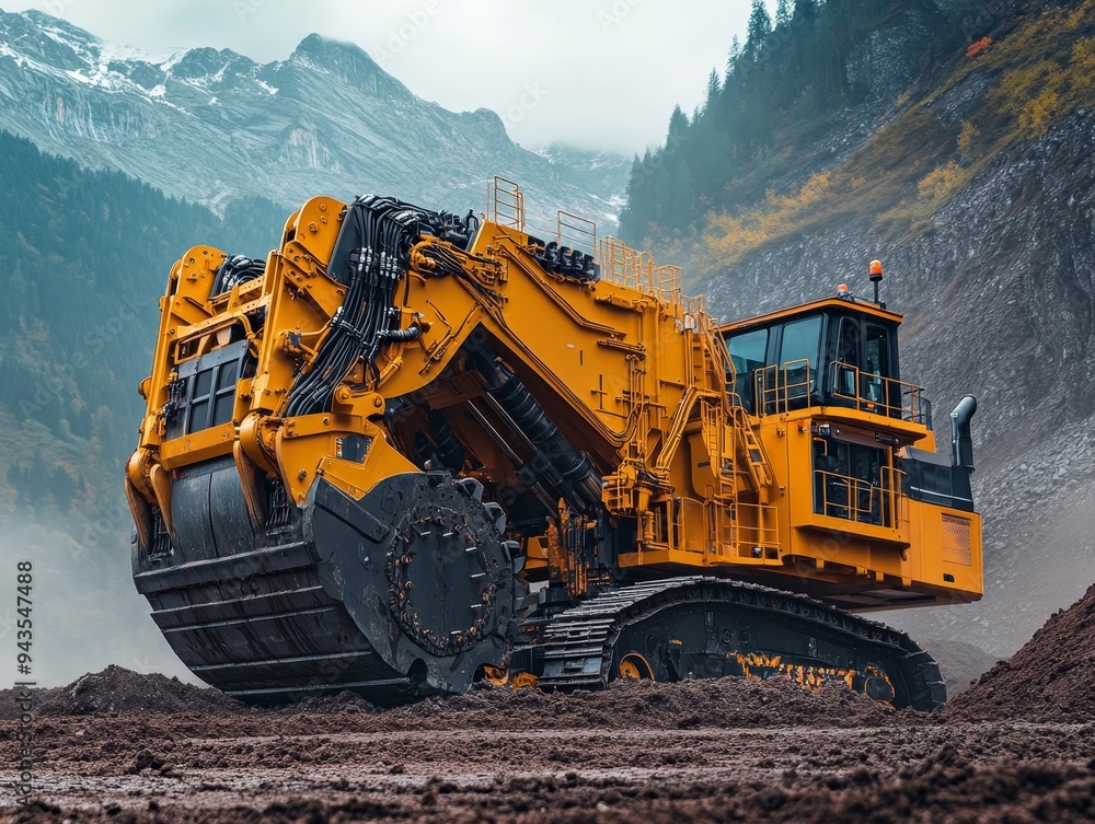 Poster futuristic electric excavator in action high tech digging in a field with bold color scheme