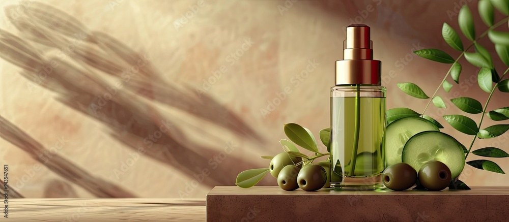 Poster Cosmetic product bottle displayed with olives and cucumber on a brown backdrop with copy space image