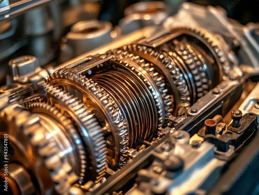 Poster intricate close up of automotive gearbox gears and cogs highlighting mechanical complexity