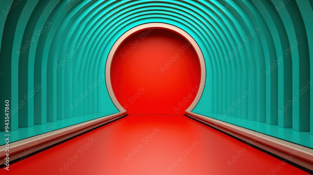 Poster a vibrant abstract tunnel design featuring teal arches and a bold red circle, creating a futuristic 