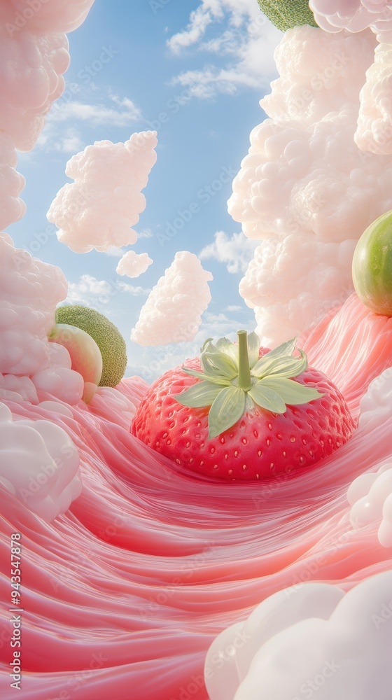Poster a strawberry is floating in a pink river with clouds in the background