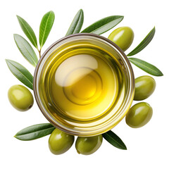 Top view of Extra virgin olive oil in glass bowl and green olive fruit with leaves, isolated on white background.