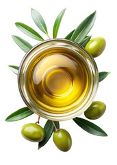 Top view of Extra virgin olive oil in glass bowl and green olive fruit with leaves, isolated on white background.