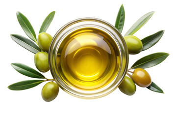 Top view of Extra virgin olive oil in glass bowl and green olive fruit with leaves, isolated on white background.