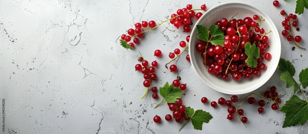 Leinwandbilder top down view of a bowl on a white table containing fresh red currants and leaves with ample copy sp