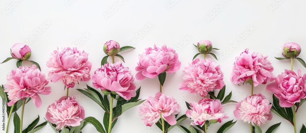 Poster Pink peony flowers arranged in a frame on a white background for a flat lay view with top view perspective providing copy space for an image