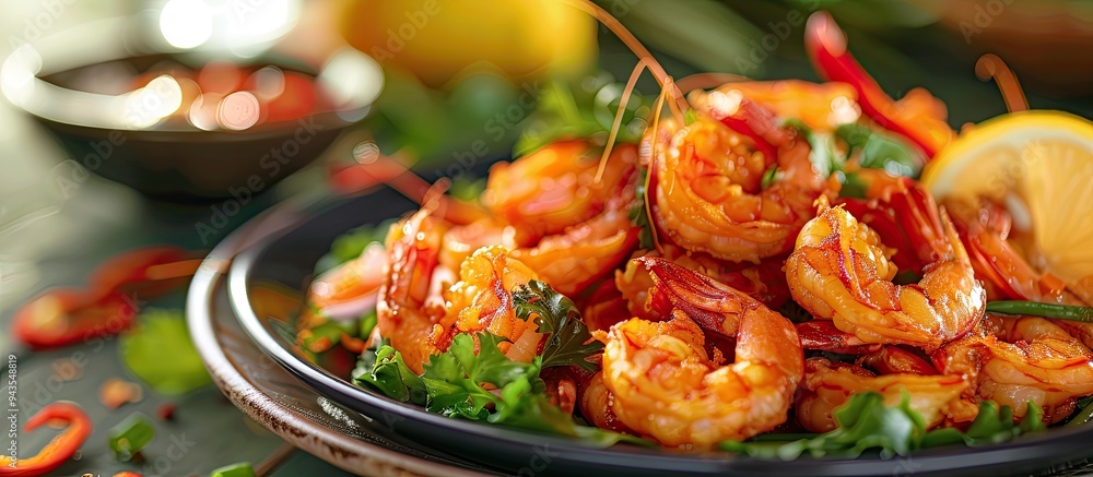 Leinwandbilder a plate of fried shrimps is decorated with fresh vegetables a lemon slice and is set against a seafo