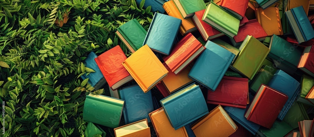 Fototapete a pile of vibrant books is showcased on a lush green backdrop in this top down view leaving room for