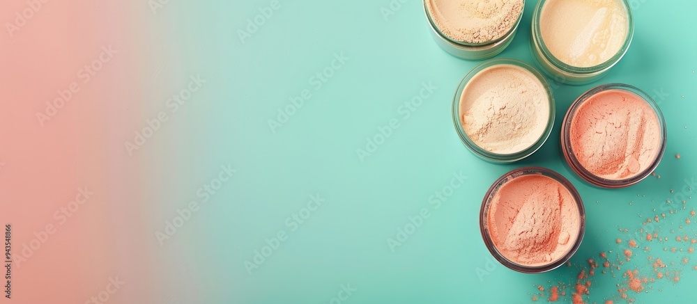 Poster top view of jars containing protein powder on a colored background creating a sports nutrition conce