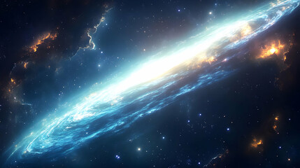 A cosmic swirl of blue and yellow light creates an ethereal glow in the vast darkness of space, surrounded by twinkling stars.