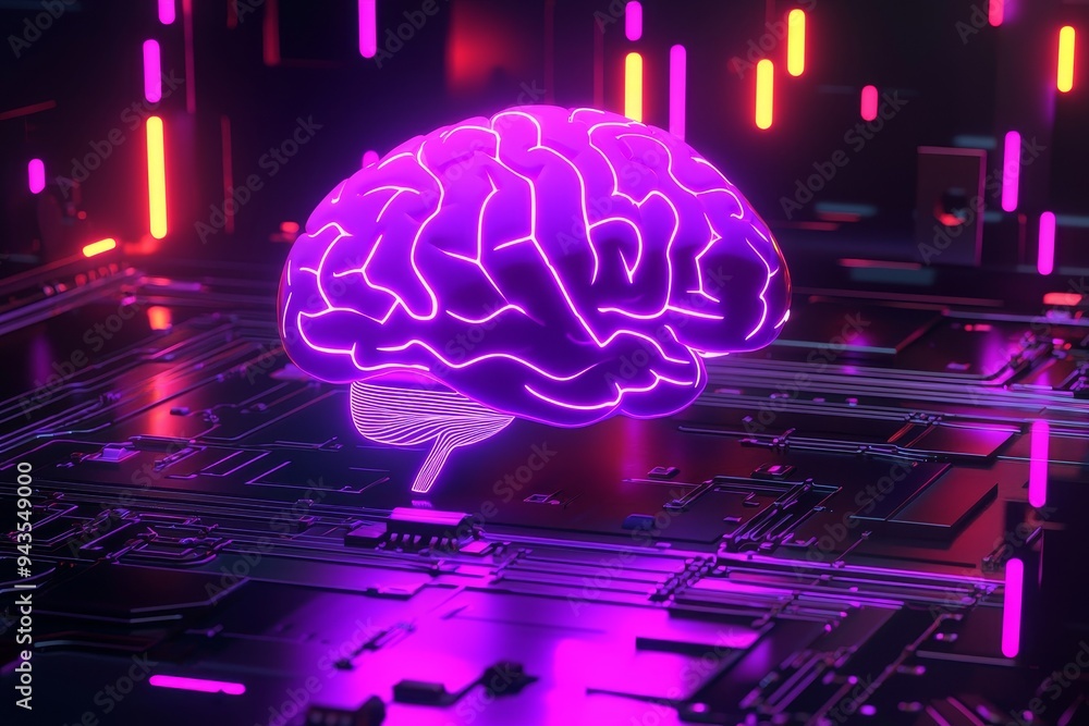 Poster this digital ai electronic brain is made from metallic materials with neon lights, neural data stora