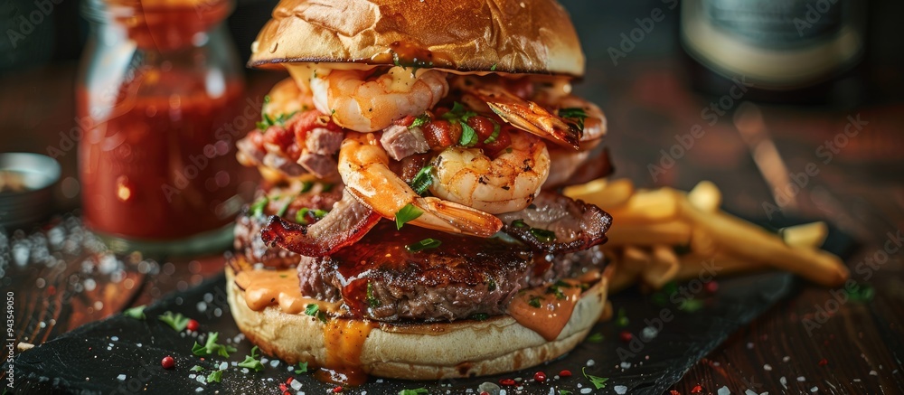 Poster A close up image featuring a burger topped with shrimp and meat on a black napkin with a jar of red sauce next to it providing copy space within the frame