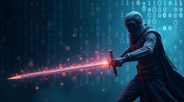Futuristic Cyber Ninja Warrior: Digital Assassin Character Wielding Light Sword in Virtual Reality Cyberpunk Landscape