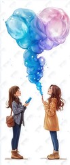 Naklejka premium Two young girls create colorful bubbles, symbolizing joy and friendship in a magical, playful atmosphere.