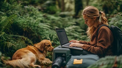 1. A female digital nomad working on her laptop beside a portable power station in a lush, green forest. Her dog is laying comfortably beside her, enjoying the serene natural surroundings. The scene