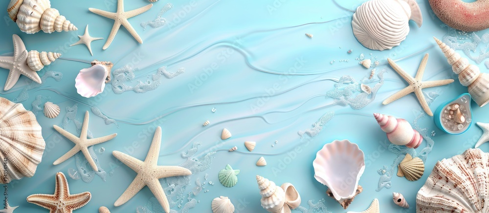 Poster A top down view of beach items placed on a soft pastel blue backdrop creating a charming summer holiday setting with ample copy space image availability