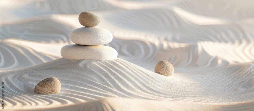 Poster minimalistic zen garden showcasing a stack of balanced pebbles in a serene white sand pattern suitab