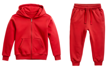 Kids sports suit red color with sweathoodie and sweatpants isolated on a white background. Children's casual sports style concept. Red tracksuit hoodie jacke and sweatpants joggers with pockets.PNG