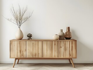 Minimalist Wooden Sideboard with Decorative Items in a Blank White Room  Concept of Modern Interior Design