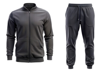 Sports suit black color with sweat jacket and sweatpants set isolated on a white background. Casual sports style concept. Black tracksuit sweathoody and sweatpants joggers .PNG
