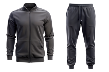 Sports suit black color with sweat jacket and sweatpants set isolated on a white background. Casual sports style concept. Black tracksuit sweathoody and sweatpants joggers .PNG