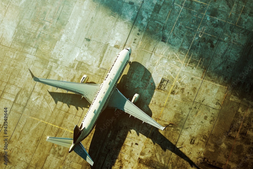 Poster aerial view of airport with airplane running on runway, air traffic transportation concept using gen