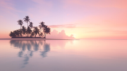 Tropical Island Palm Trees Reflected in Calm Sunset Ocean Pink Sky