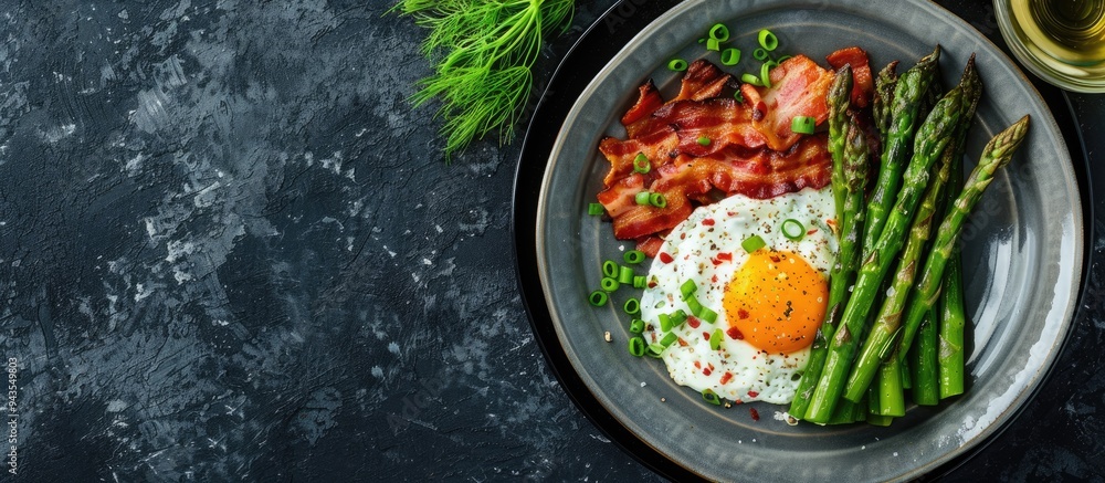 Poster image of grilled asparagus served on a plate with bacon and egg sauce in a flat lay setup featuring 