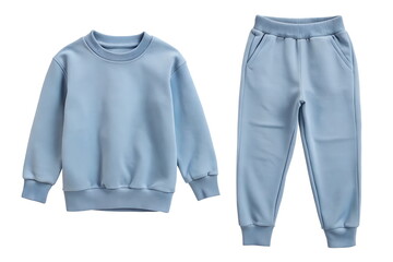 Kids sports suit blue color sweatshirt and sweatpants isolated on a white background. Children's casual sports style concept.  Blue tracksuit hoodie and sweatpants joggers with pockets.
