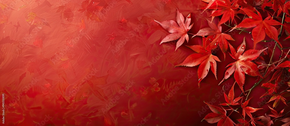 Poster maple leaves adorned on a red background with copy space image
