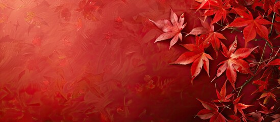Maple leaves adorned on a red background with copy space image