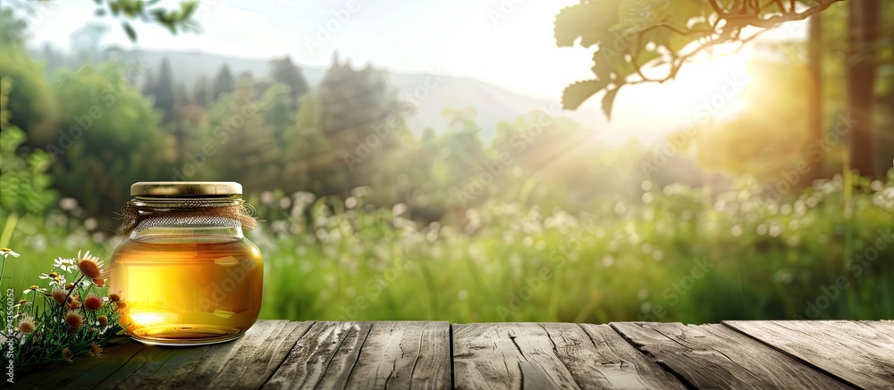 Poster A jar of honey sits on a wooden table in front of a blurred natural background of a green meadow filled with grass flowers and trees creating a backdrop for food drink and product presentations with