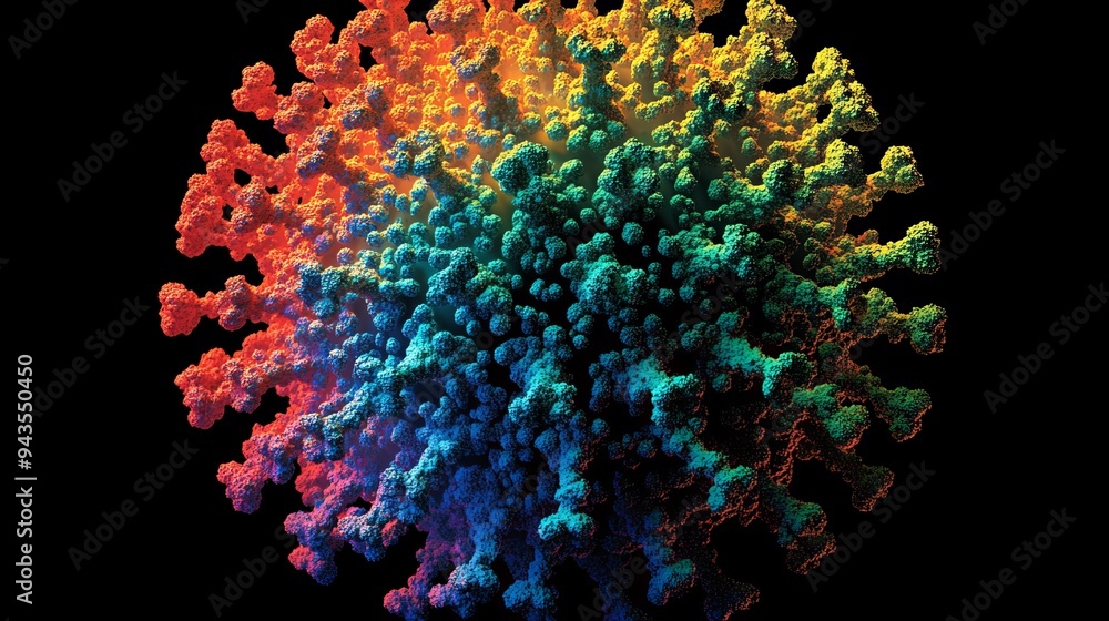 Poster a vibrant, colorful 3d model of a virus, showcasing intricate surface details and texture in a capti
