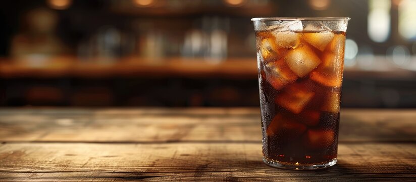 A close up image of an iced black coffee or Americano in a cup on a wooden table with room for additional text or graphics