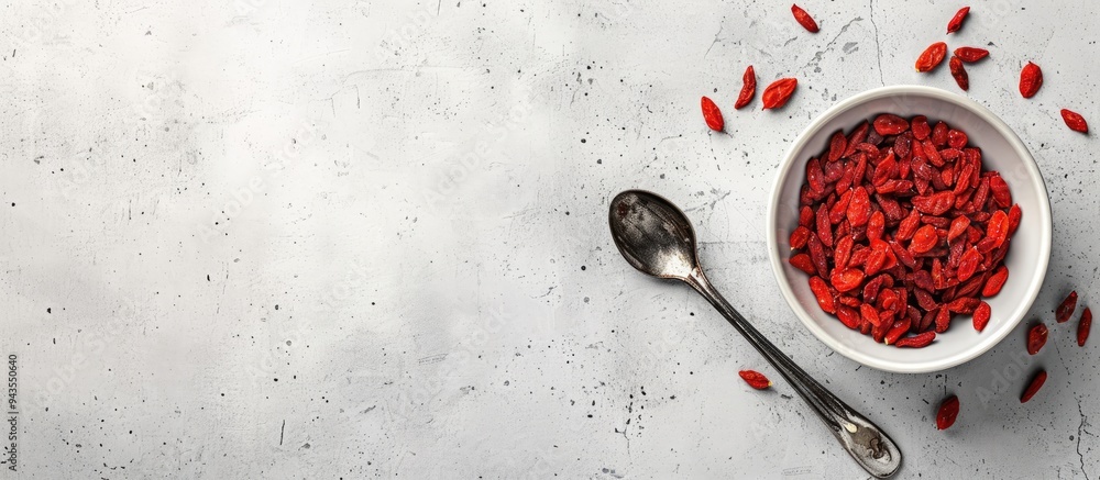 Poster top view of a light grey table with a bowl of dried goji berries accompanied by a scoop suitable for