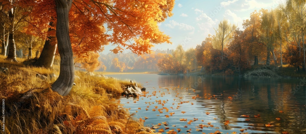 Poster scenic autumn foliage by a vast river perfect for a copy space image