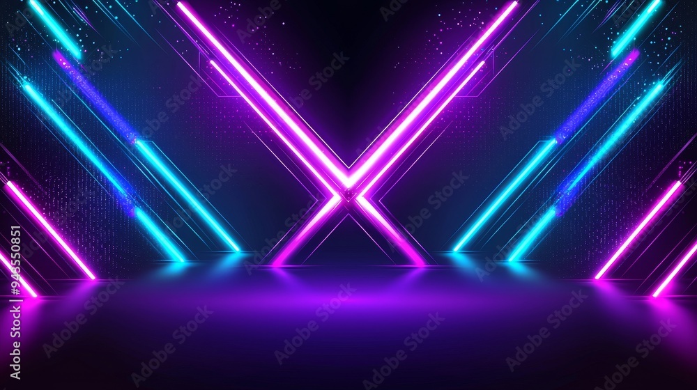 Poster 3d render of flash neon and light glowing on a dark background. speed light moving lines.
