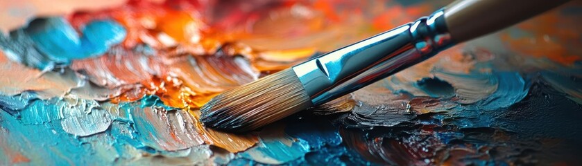 Fototapeta premium Paintbrush resting on a colorful palette, with an easel and canvas in the background, Artistic, Bright, Detailed