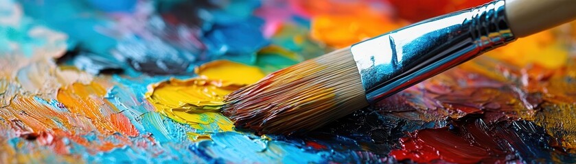 Fototapeta premium Paintbrush resting on a colorful palette, with an easel and canvas in the background, Artistic, Bright, Detailed