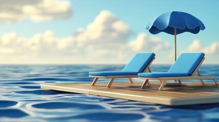 Obraz premium Two lounge chairs and an umbrella on a floating platform in the ocean. Summer vacation, relaxation and tropical paradise.