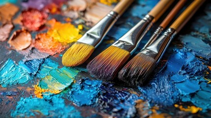 Obraz premium Palette filled with vibrant paints, ready for an artistic creation, with brushes nearby, Creative, Bright, Detailed