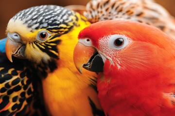 Fototapeta premium Vibrant close-up of colorful birds showcasing unique patterns and hues, perfect for nature and wildlife enthusiasts.