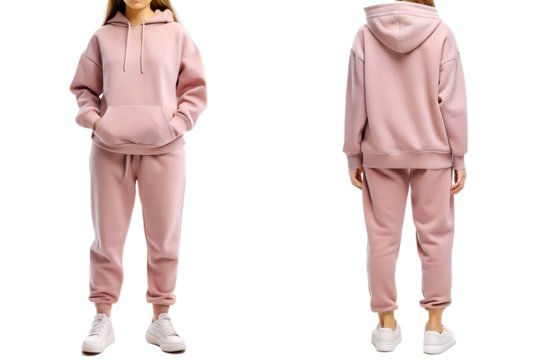 Teenager sports suit light pink color with sweathoody  and sweatpants isolated on a white background. Children's casual sports style concept. Pink  tracksuit hoodie and sweatpants joggers . PNG