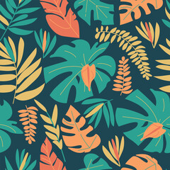 Tropical leaf pattern. Seamless vector pattern with lush tropical leaves and flowers in green and yellow tones on a dark background. Ideal for fabric design, wallpaper and digital backgrounds.
