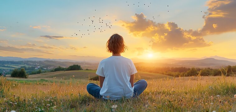 A person practicing mindfulness, with an overlay showing the calming effect on the gut microbiome and overall balance Microbiome balance concept.